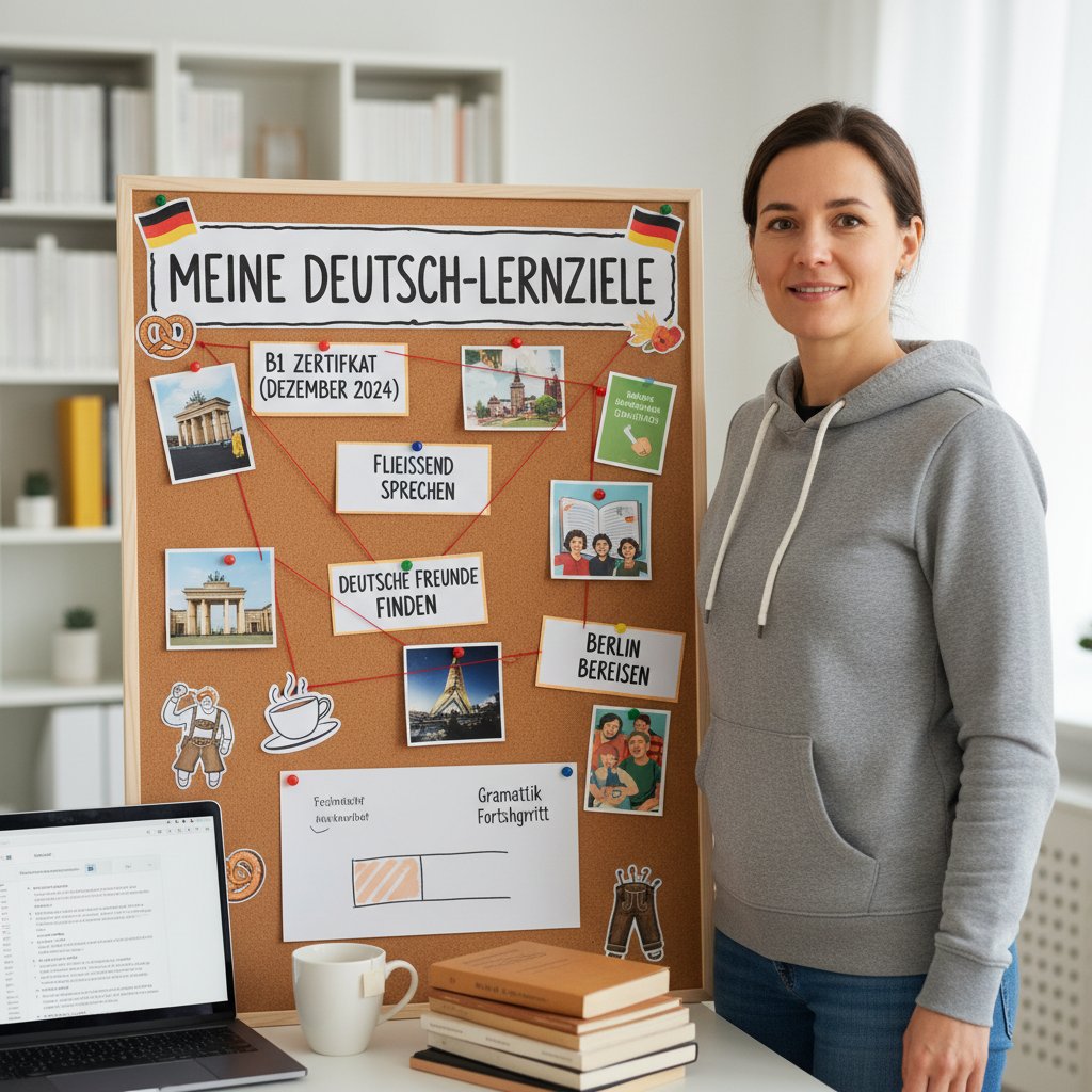 Osoba motywująca się do nauki niemieckiego, tablica z celami, dynamiczna poza