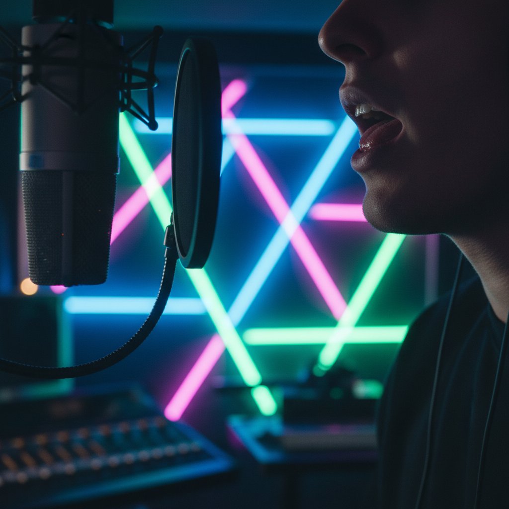 Zbliżenie na usta wymawiające rosyjskie spółgłoski, z podziałem na miękkie i twarde dźwięki, studio z neonowymi światłami