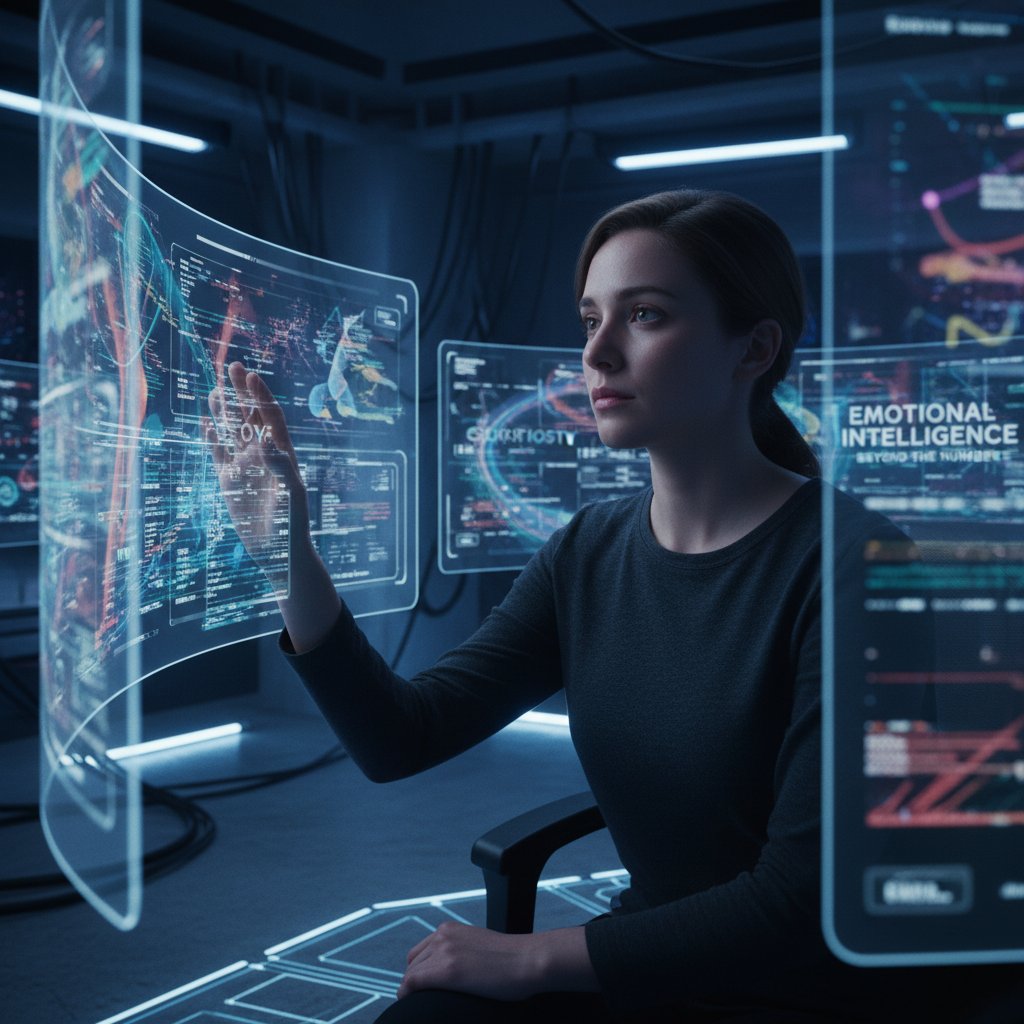 A person watching a movie with mixed emotions, surrounded by data overlays and code, showing AI's struggle with nuance