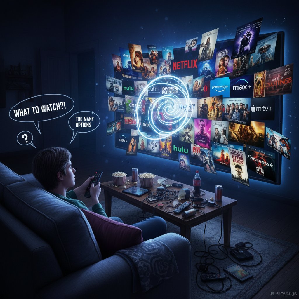 A person scrolling through endless movie choices on multiple screens, looking overwhelmed and indecisive, highlighting the paradox of choice in streaming recommendations