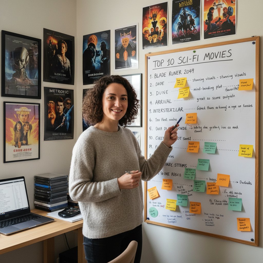 Osoba prowadząca własny ranking filmów, notatki i plakaty na ścianie