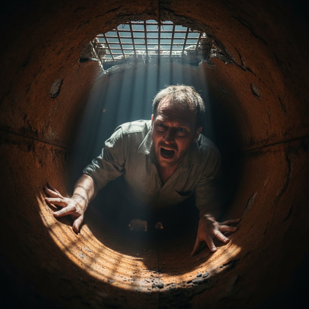 Kadr z filmu: osoba zamknięta w klaustrofobicznej przestrzeni, dramatyczne światło, atmosfera grozy