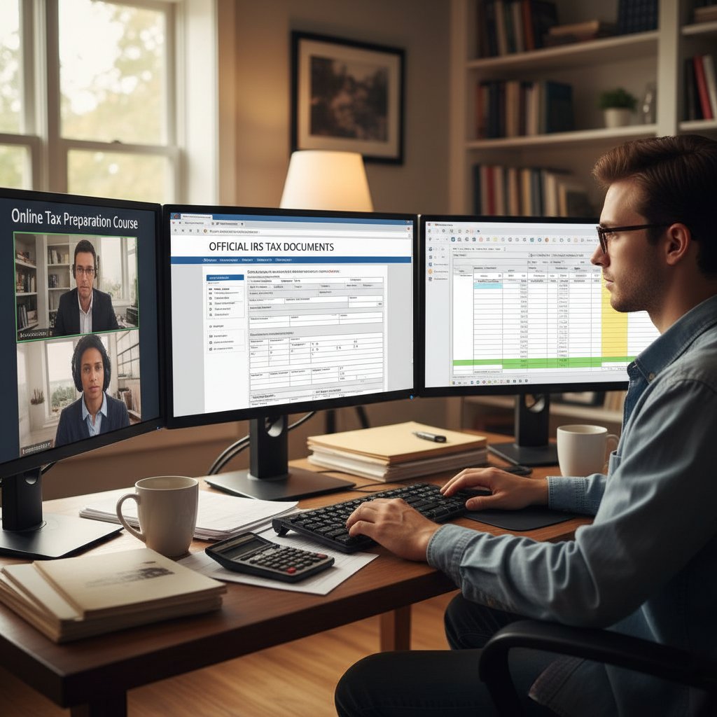 Osoba korzystająca z kilku ekranów, na jednym lekcja online, na drugim oficjalne przepisy podatkowe