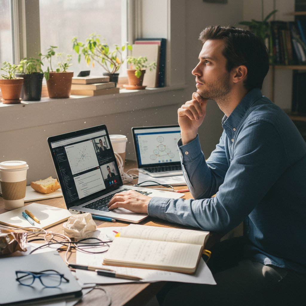 Osoba korzysta z kilku aplikacji komunikacyjnych naraz, zamyślona mina, bałagan na biurku, światło dzienne
