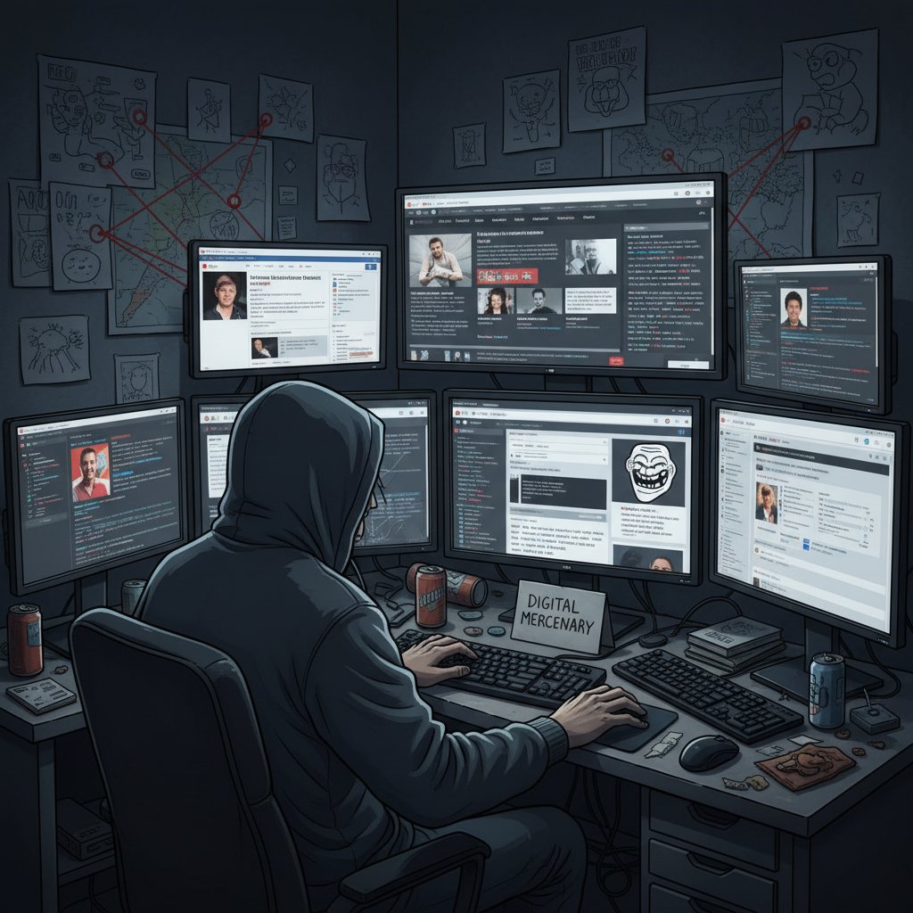 Osoba pracująca przy wielu ekranach komputerów, symbolizująca farmę trolli i cyfrowych najemników w internecie