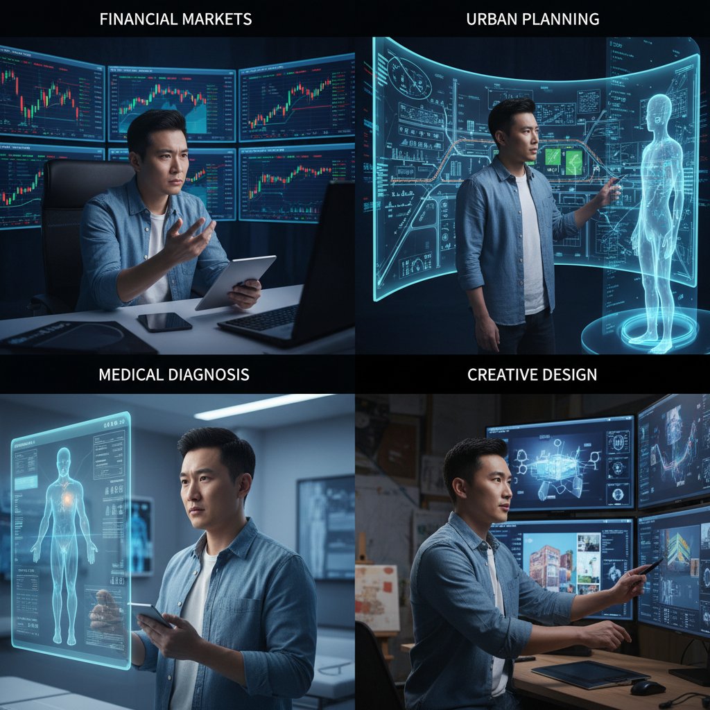 Osoba stojąca przed ścianą ekranów pokazujących alternatywne wersje wydarzeń – wizualizacja wyborów