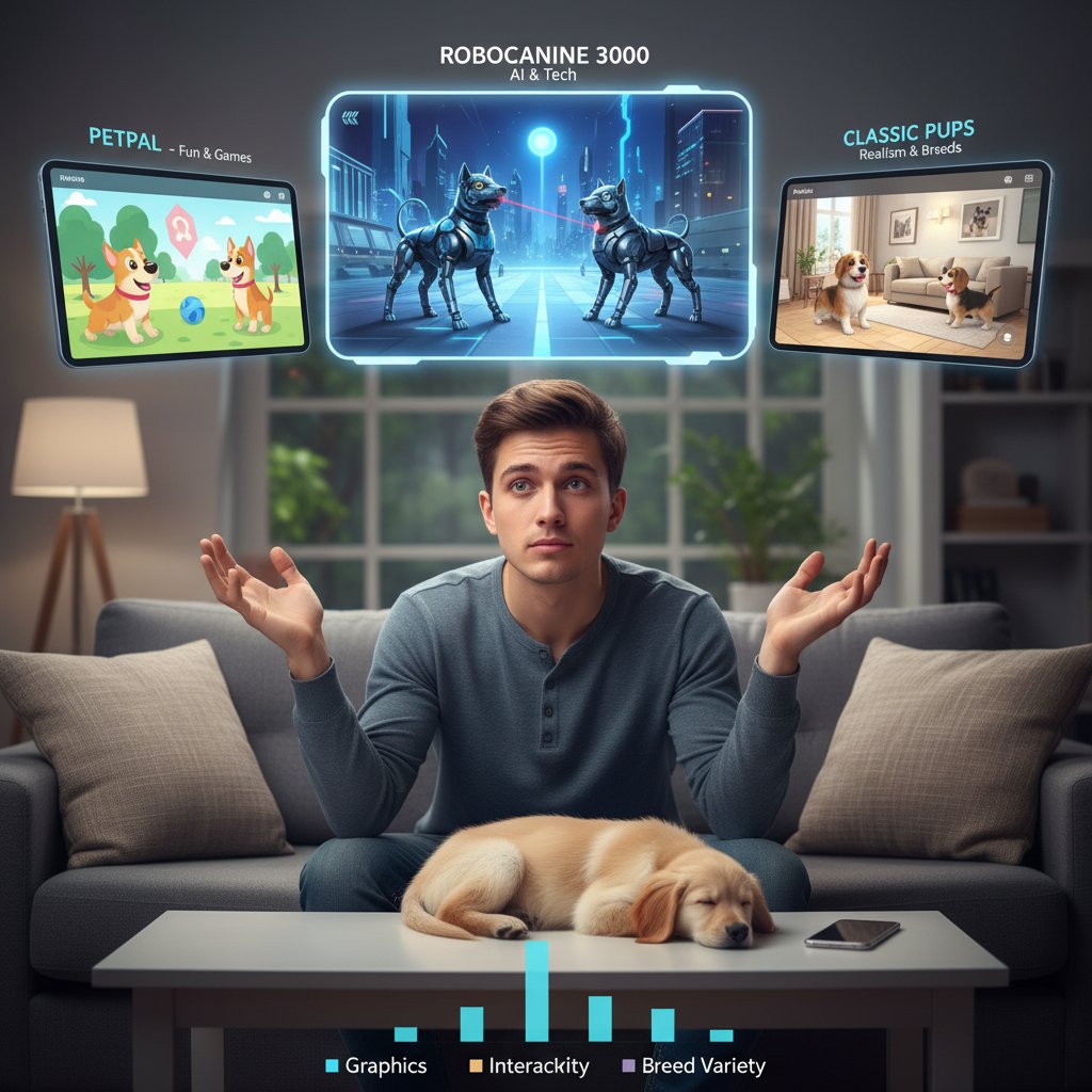 Osoba korzystająca z kilku aplikacji, na ekranach różne wirtualne pieski, analiza porównawcza