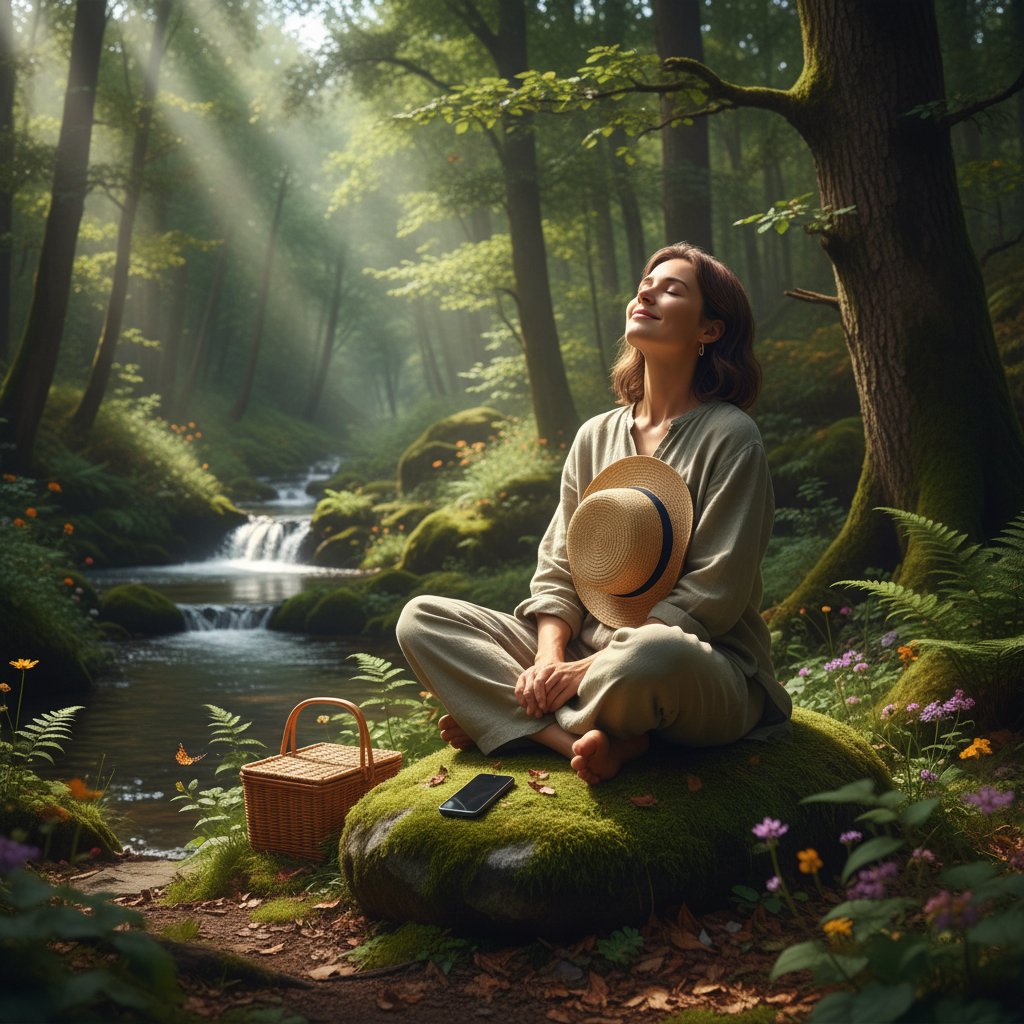 Osoba odpoczywa od ekranu telefonu, relaks na łonie natury