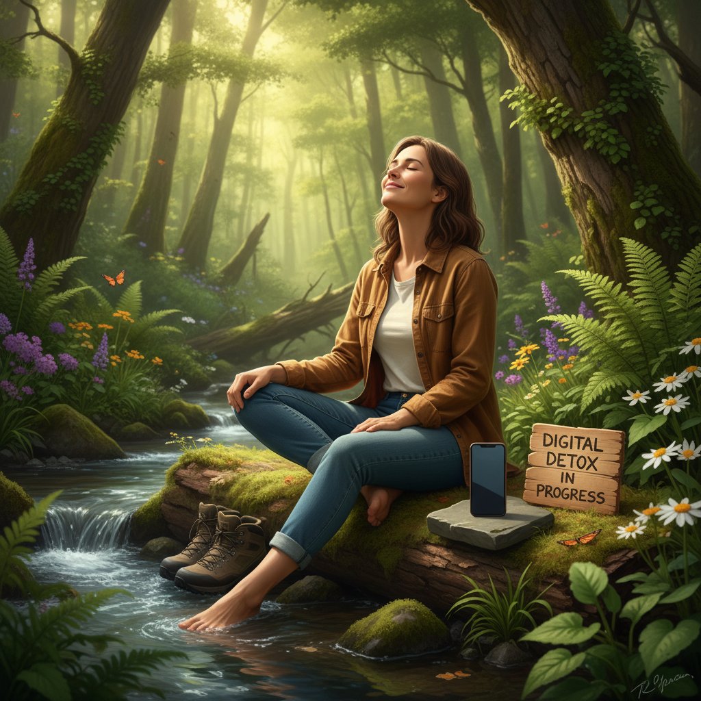 Osoba relaksująca się na łonie natury z wyłączonym telefonem, keywords: digital burnout, odpoczynek, równowaga online offline