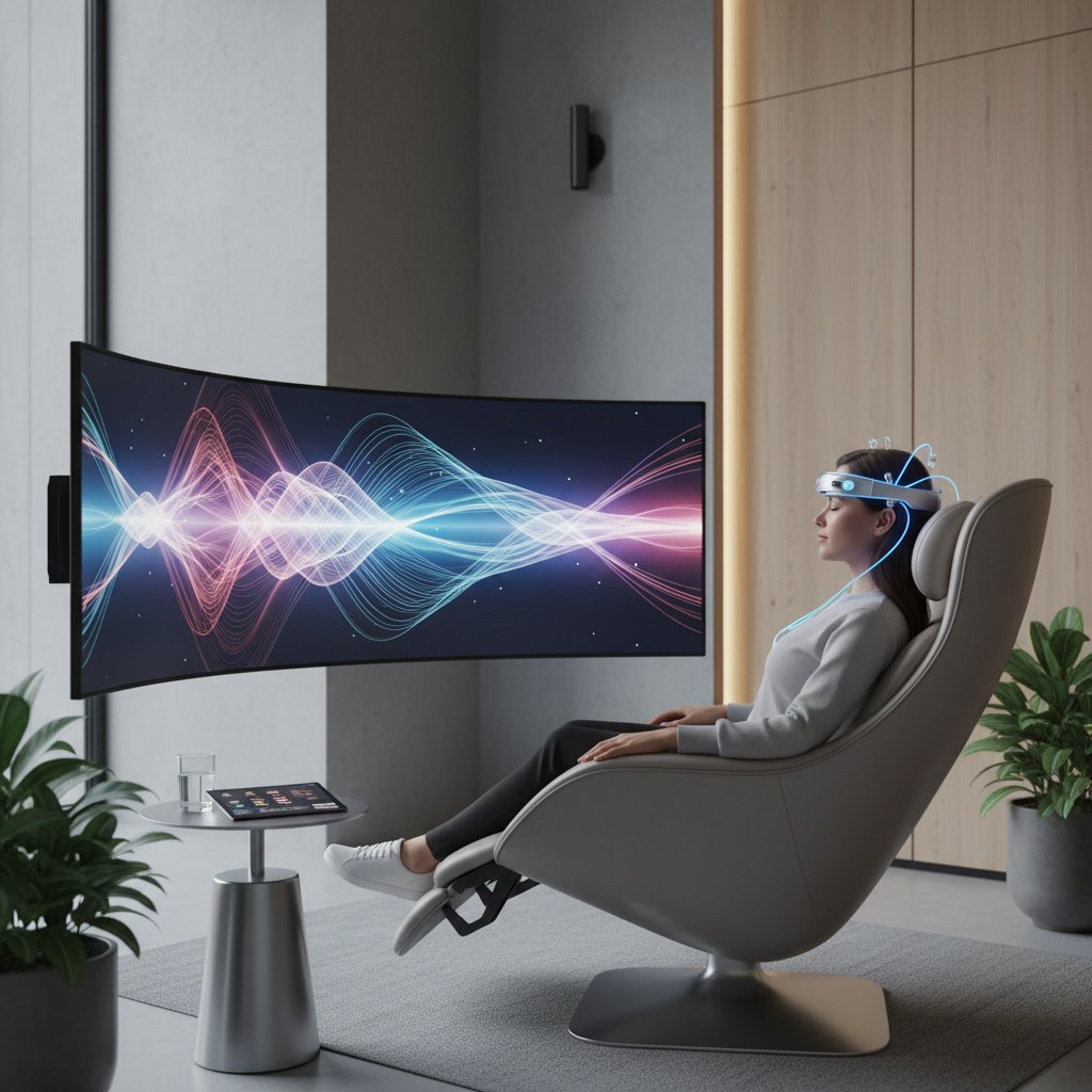 Osoba używająca nowoczesnej opaski neurofeedback, skupiona twarz, nowoczesne wnętrze