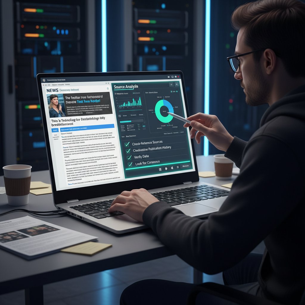 Osoba czytająca wiadomości na laptopie, skupiona na analizie źródeł