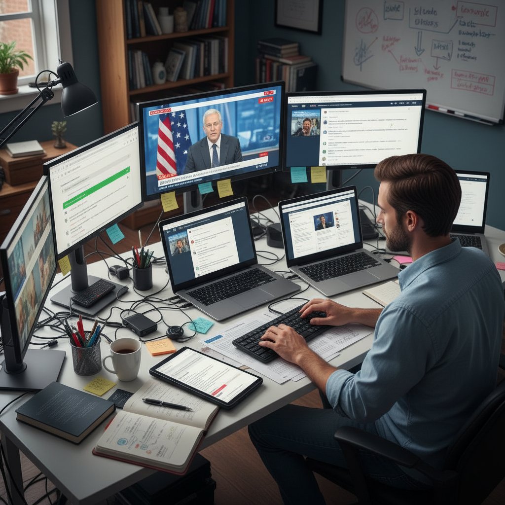 Osoba korzystająca z kilku urządzeń i aplikacji do analizy newsów