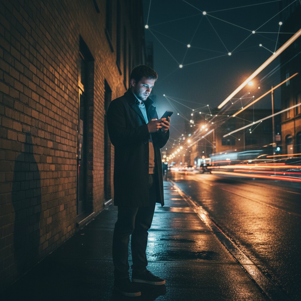 Symbolbild: Person geht nachts durch die beleuchtete Großstadt, Smartphone in der Hand, Licht und Schatten als Metapher für Nähe und Distanz