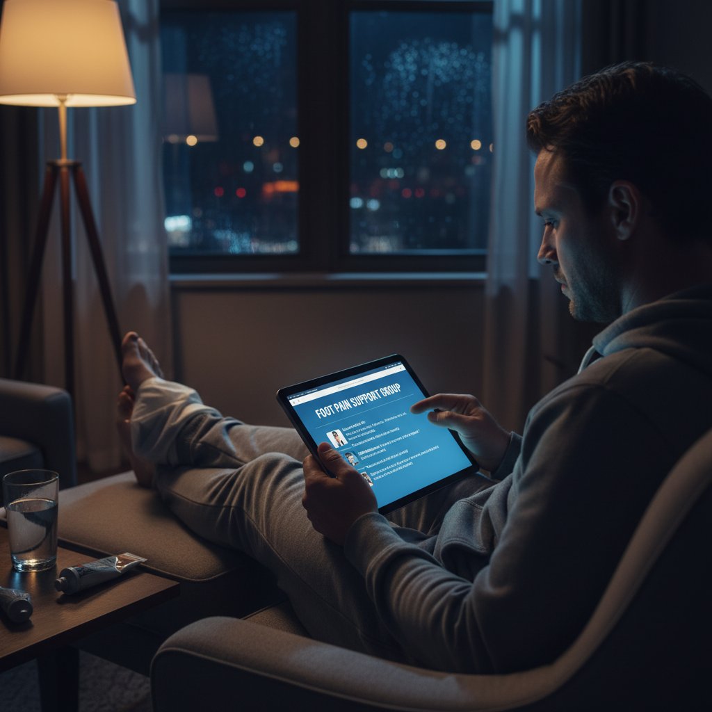 Osoba z niepokojem czyta fora o bólu stopy na smartfonie nocą. Samodiagnoza w internecie — ryzykowna droga do leczenia