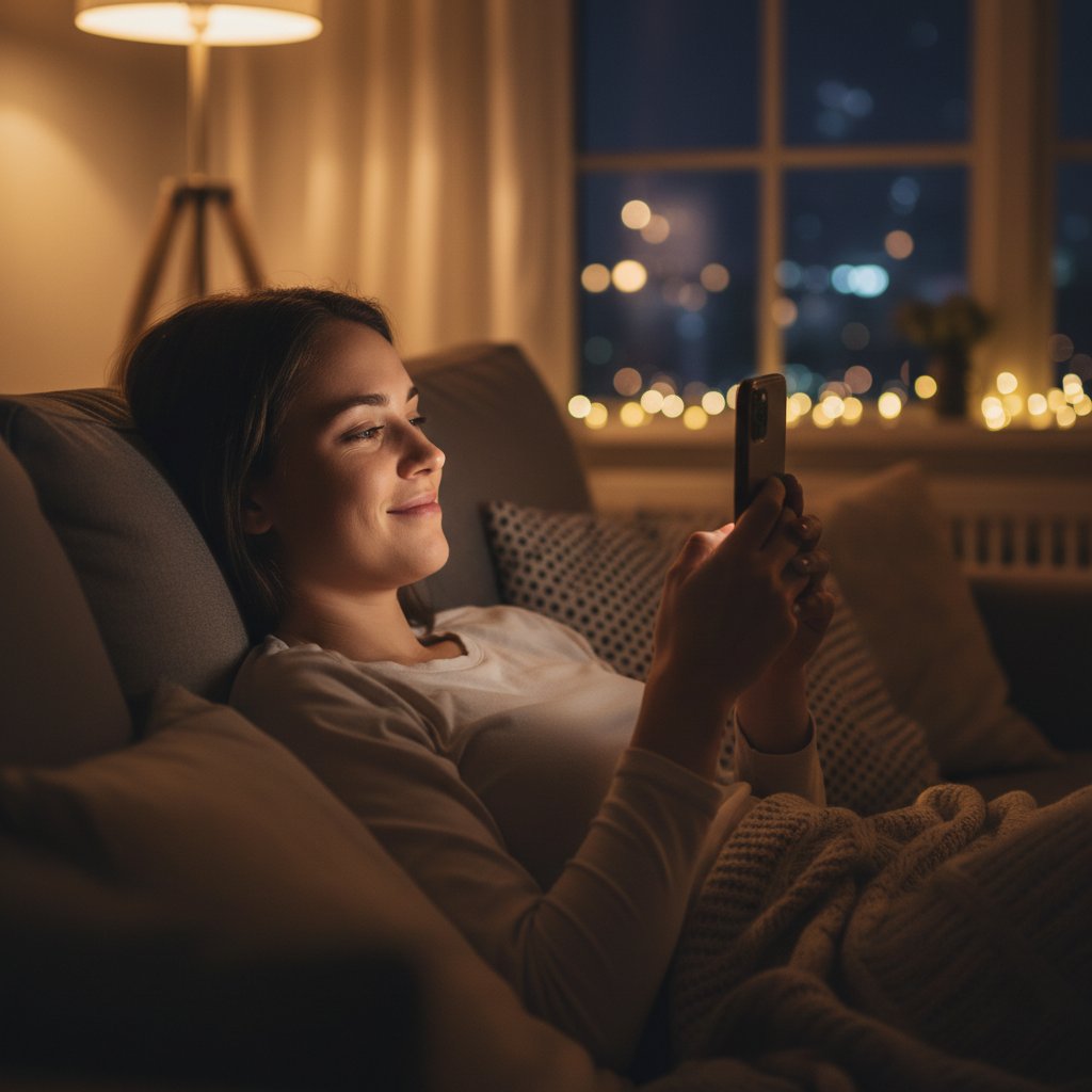 Person tippt nachts auf dem Smartphone, Gesicht entspannt, künstliches Licht erzeugt intime Stimmung