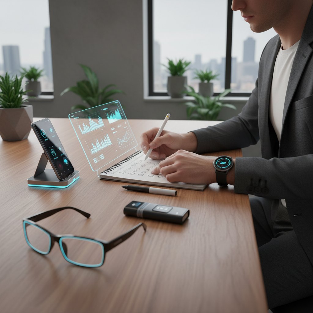 Osoba z notatnikiem analizuje checklistę wyboru AI, otoczona nowoczesnymi gadżetami