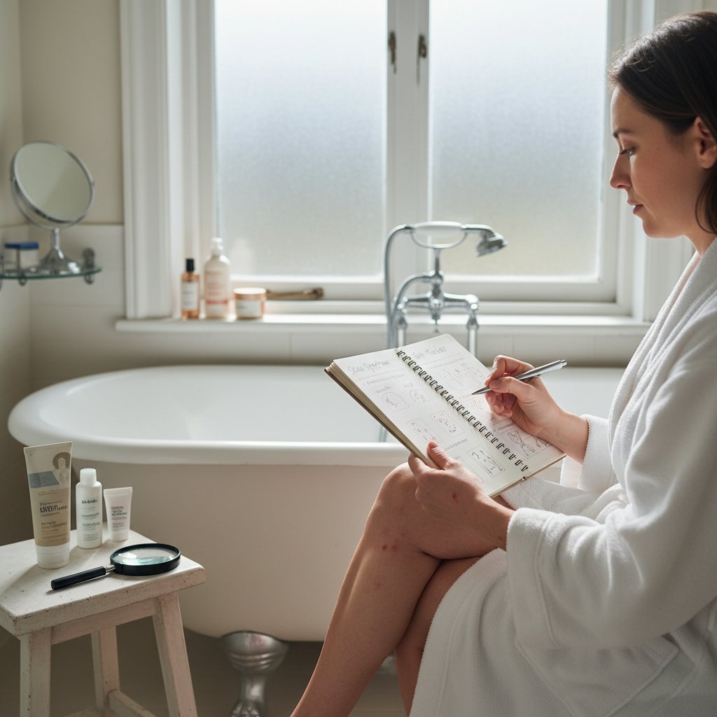 Zdjęcie osoby zapisującej objawy kaszaka w notesie przy łazienkowym lustrze