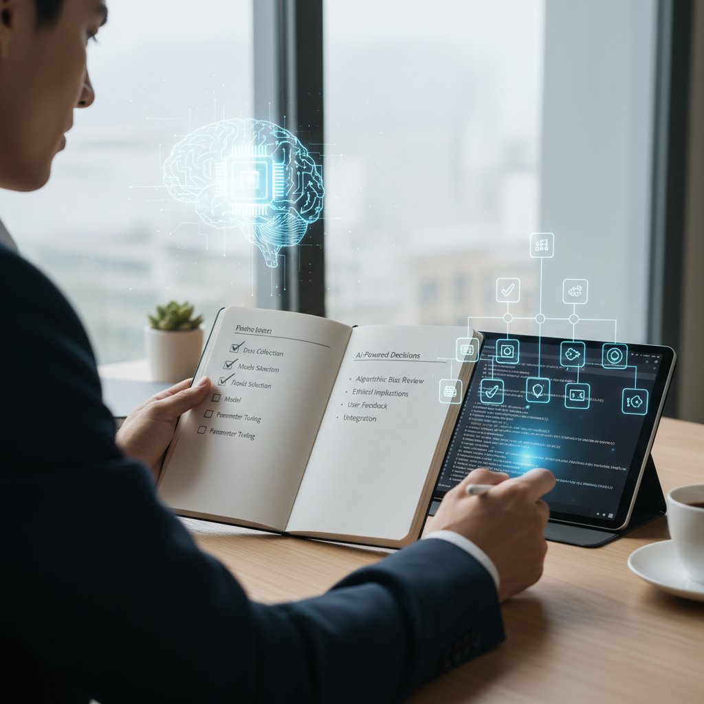 Osoba z notatnikiem, odhaczająca kolejne punkty checklisty związanej z wyborem AI