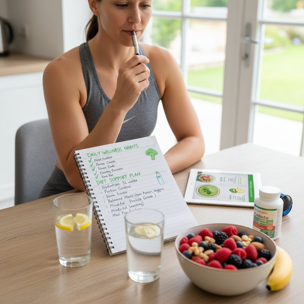 Osoba notująca checklistę zdrowych nawyków przy laptopie – pierwszy krok do realnej zmiany w leczeniu