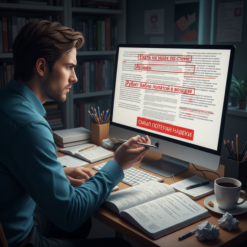 Osoba analizująca błędy w rosyjskim tekście, notatnik, komputer, słowa kluczowe: analiza błędów, idiomy rosyjski
