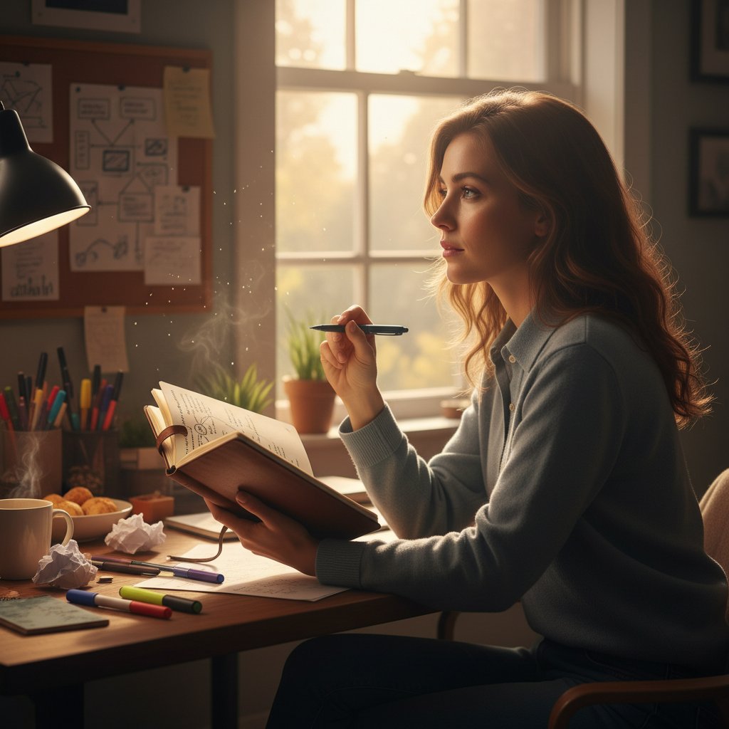 Osoba z notesem, wieczorne światło, autorefleksja, proces planowania