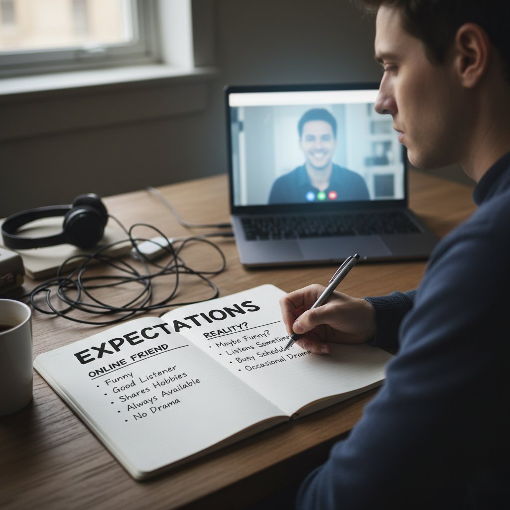 Osoba zapisująca w notatniku swoje oczekiwania wobec przyjaciela online
