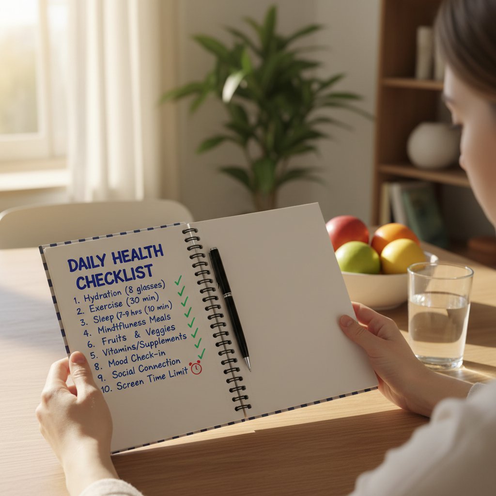 Osoba z notatnikiem zaznaczająca odpowiedzi na checklistę zdrowotną przy stole