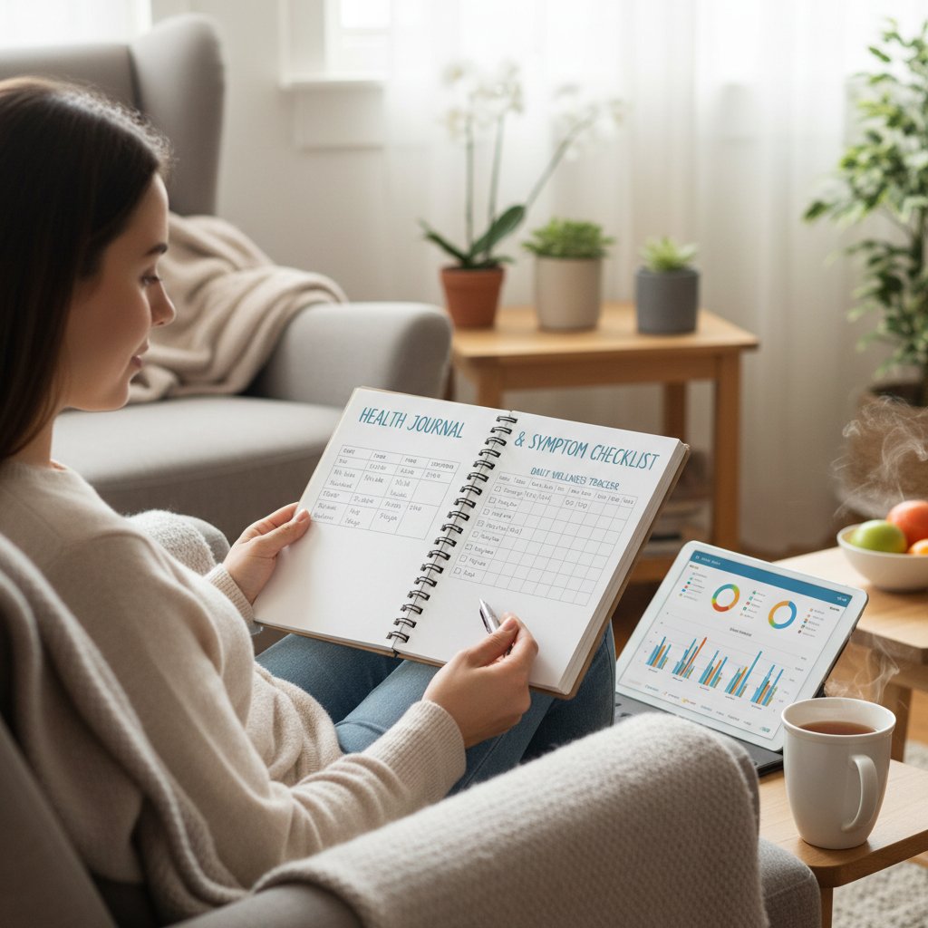 Osoba notująca objawy w notesie, domowe monitorowanie stanu zdrowia, atmosfera spokoju i kontroli