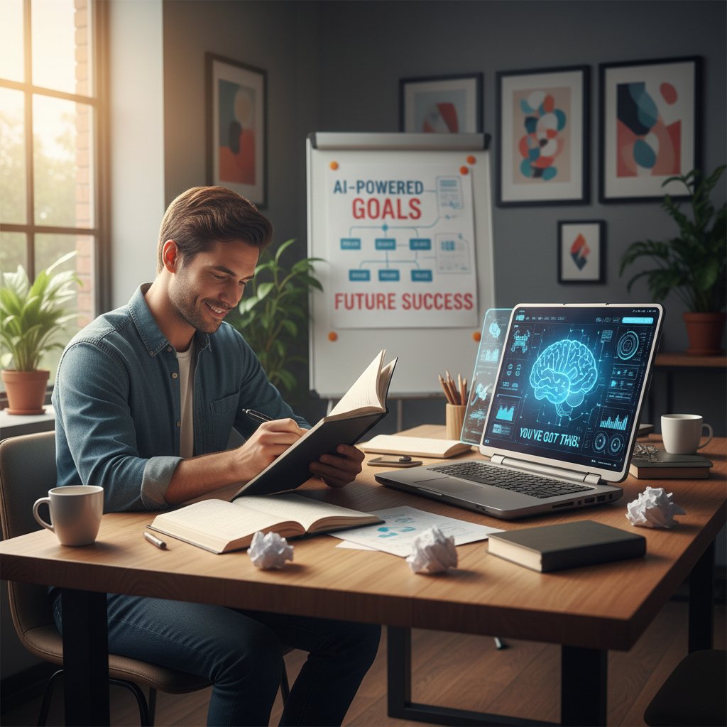 Osoba powracająca do pracy z notatnikiem i aplikacją psycholog.ai, ponowna motywacja