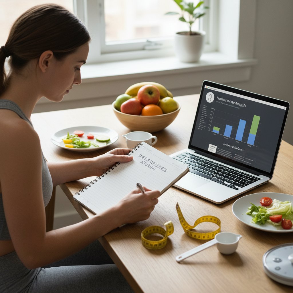 Osoba z notesem i miarką, wykonująca analizę startową przed odchudzaniem