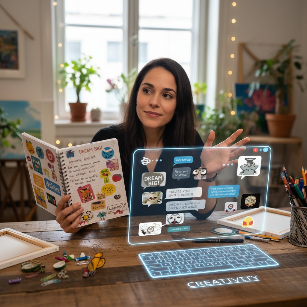 Osoba z notatnikiem rozmawia online, w tle inspirujące cytaty i memy, klimat kreatywności