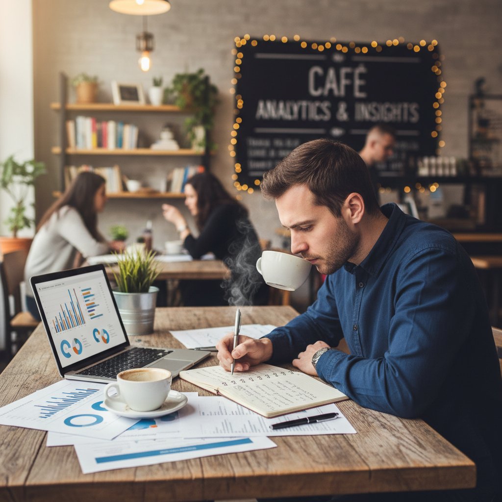 Osoba analizująca notatki w kawiarni, symbolizująca proces tworzenia postaci psychologicznej