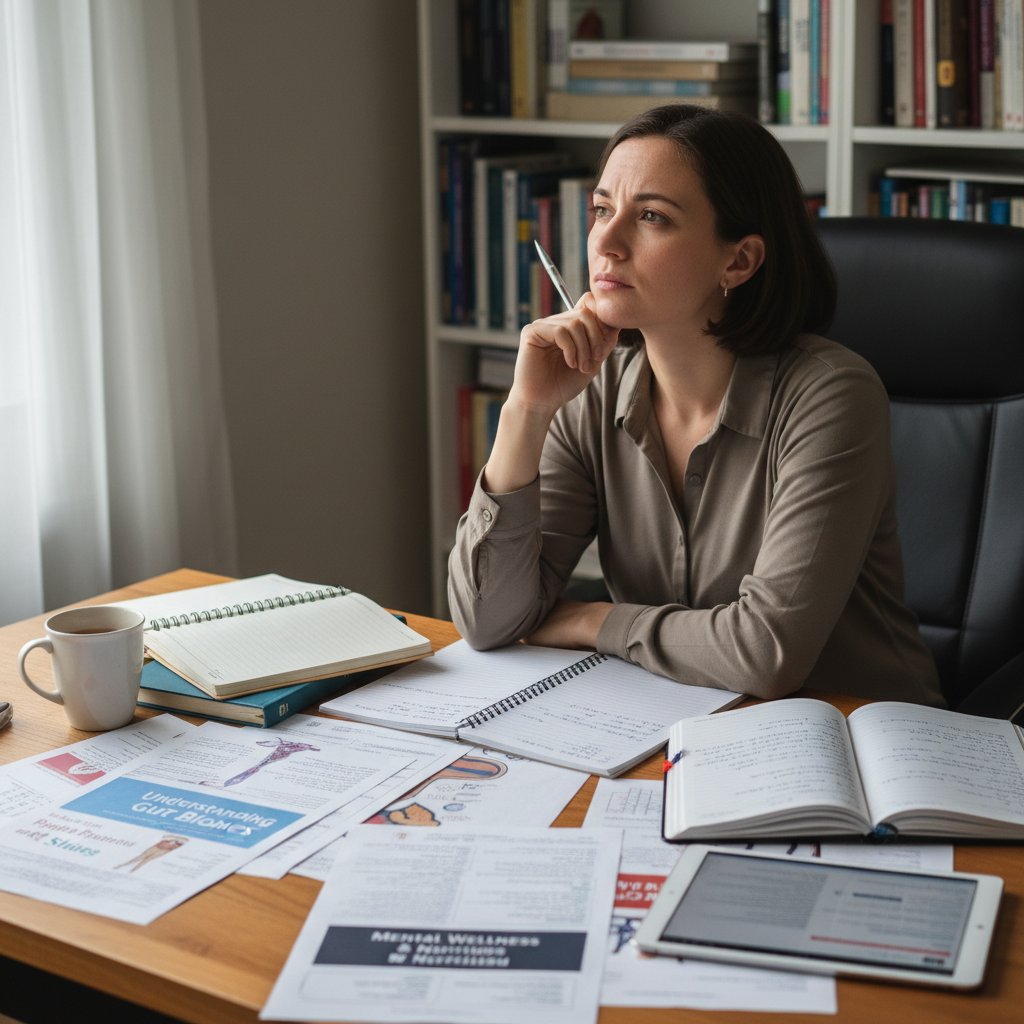 Osoba z zamyślonym wyrazem twarzy, studiująca notatki zdrowotne, tło z cytatami i wycinkami artykułów