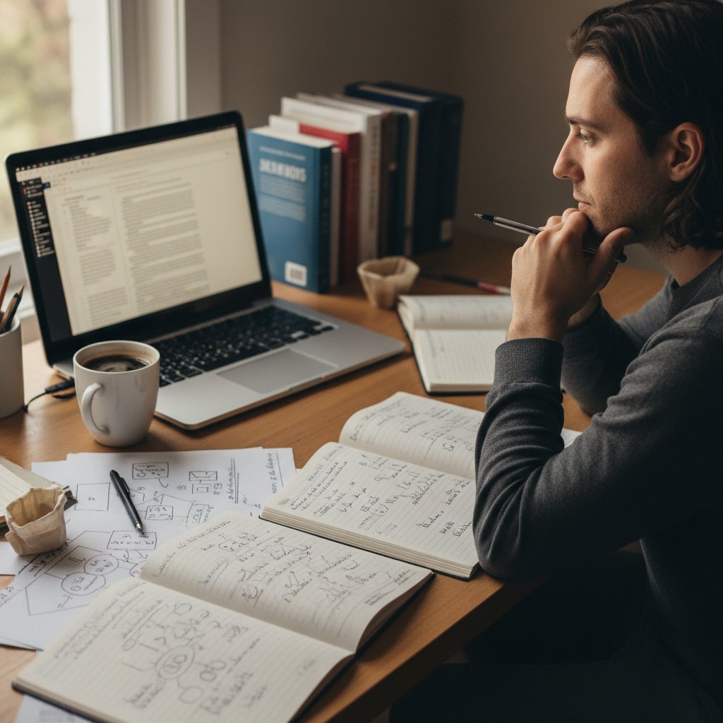Osoba analizująca notatki filozoficzne przy komputerze, otoczona książkami i kubkiem kawy