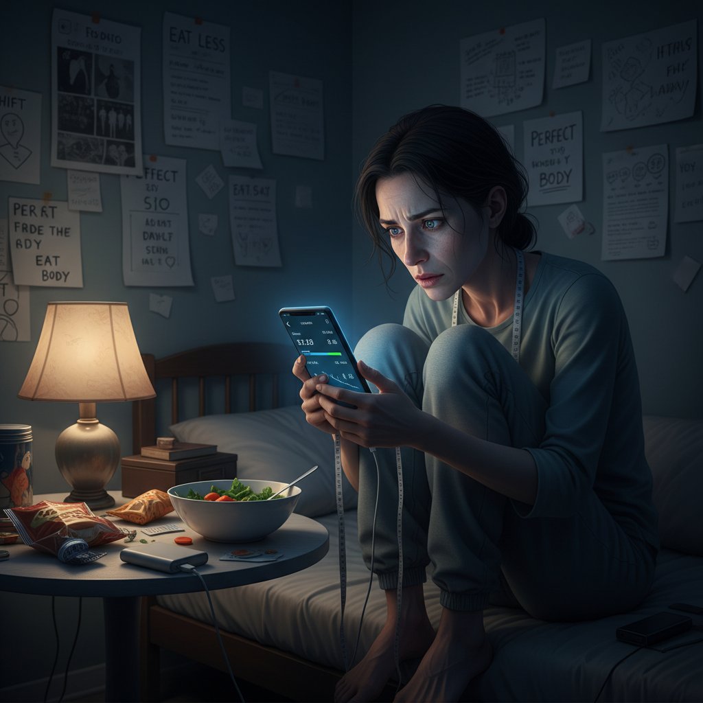 Osoba wpatrująca się obsesyjnie w ekran aplikacji diety, ciemne otoczenie, symbolizująca uzależnienie od cyfrowego monitoringu