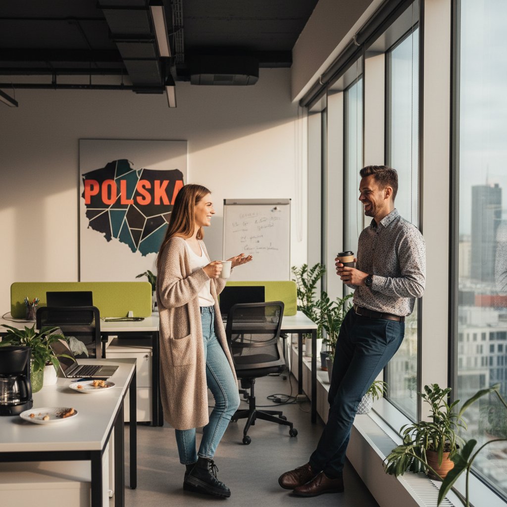 Osoba w polskim biurze inicjująca rozmowę z kolegą przy kawie, swobodna atmosfera