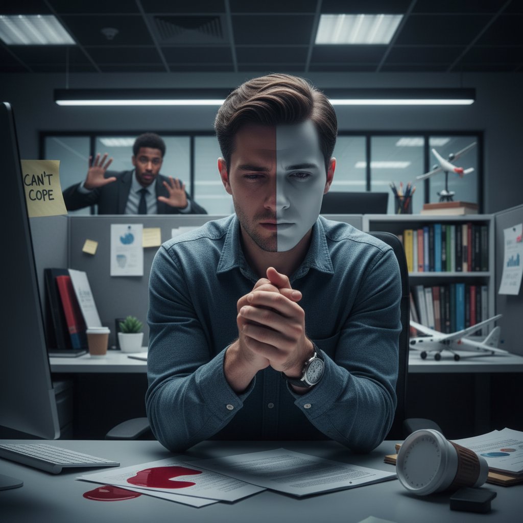 Osoba w biurze z wyraźnym napięciem emocjonalnym, ilustracja wpływu zaburzeń osobowości na pracę