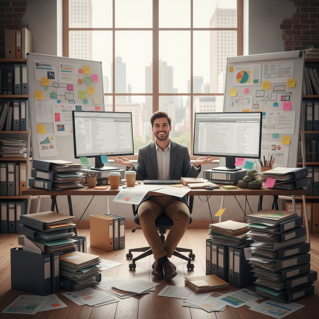 Osoba w biurze przeglądająca pełną skrzynkę mailową z uśmiechem, symbolizująca kontrolowany chaos