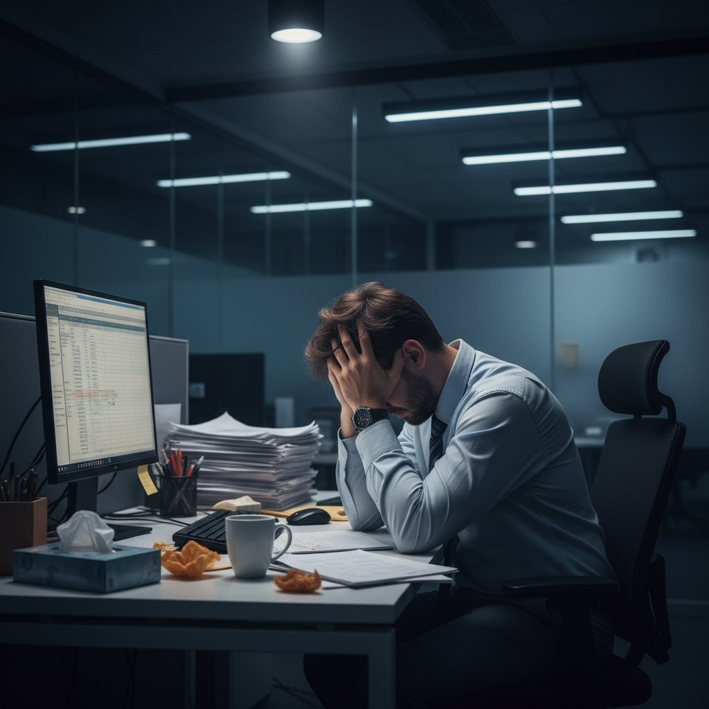 Osoba siedząca z głową w dłoniach w biurze – chroniczny stres i objawy somatyczne