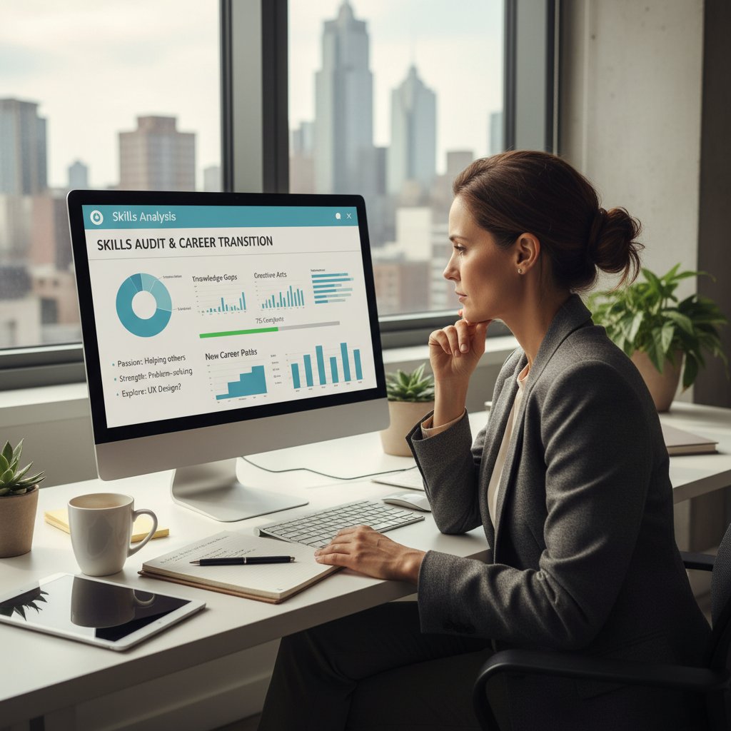 Osoba analizująca swoje umiejętności przed nowym wyzwaniem zawodowym, na tle biura