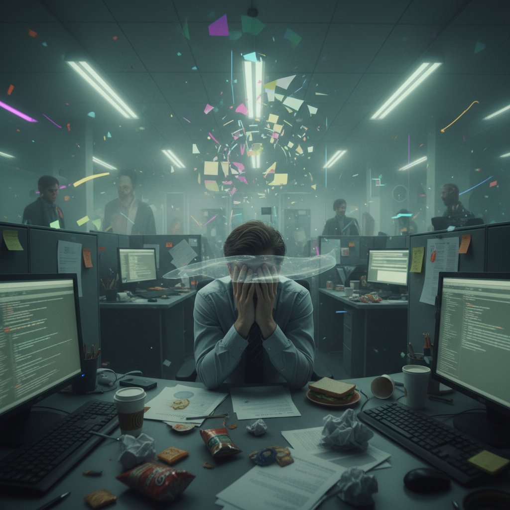 Osoba siedząca przy biurku z głową w dłoniach, otoczona stosami dokumentów – stres jako przyczyna derealizacji