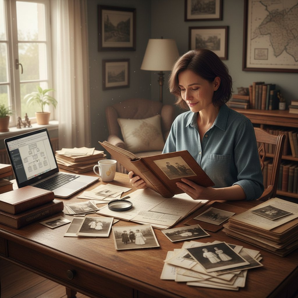 Osoba wpatrzona w stare rodzinne fotografie – emocjonalny wymiar badań genealogicznych