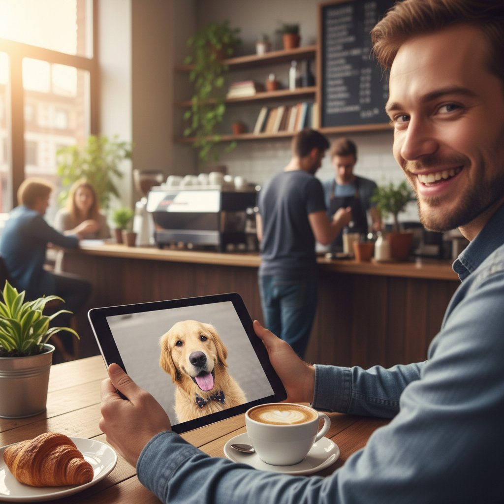 Osoba korzystająca z aplikacji piesek online w kawiarni, telefon i uśmiech na twarzy
