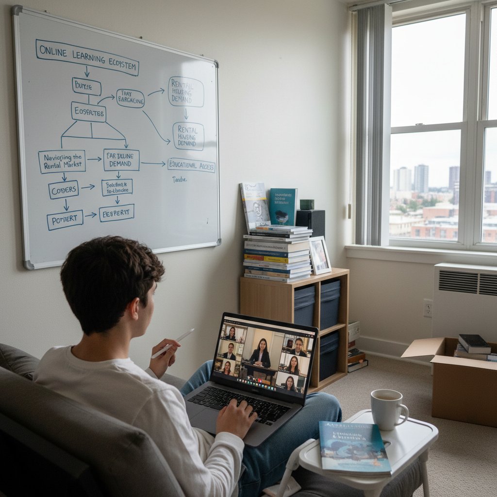 Osoba korzystająca z platformy edukacyjnej online, zdobywanie wiedzy o rynku najmu