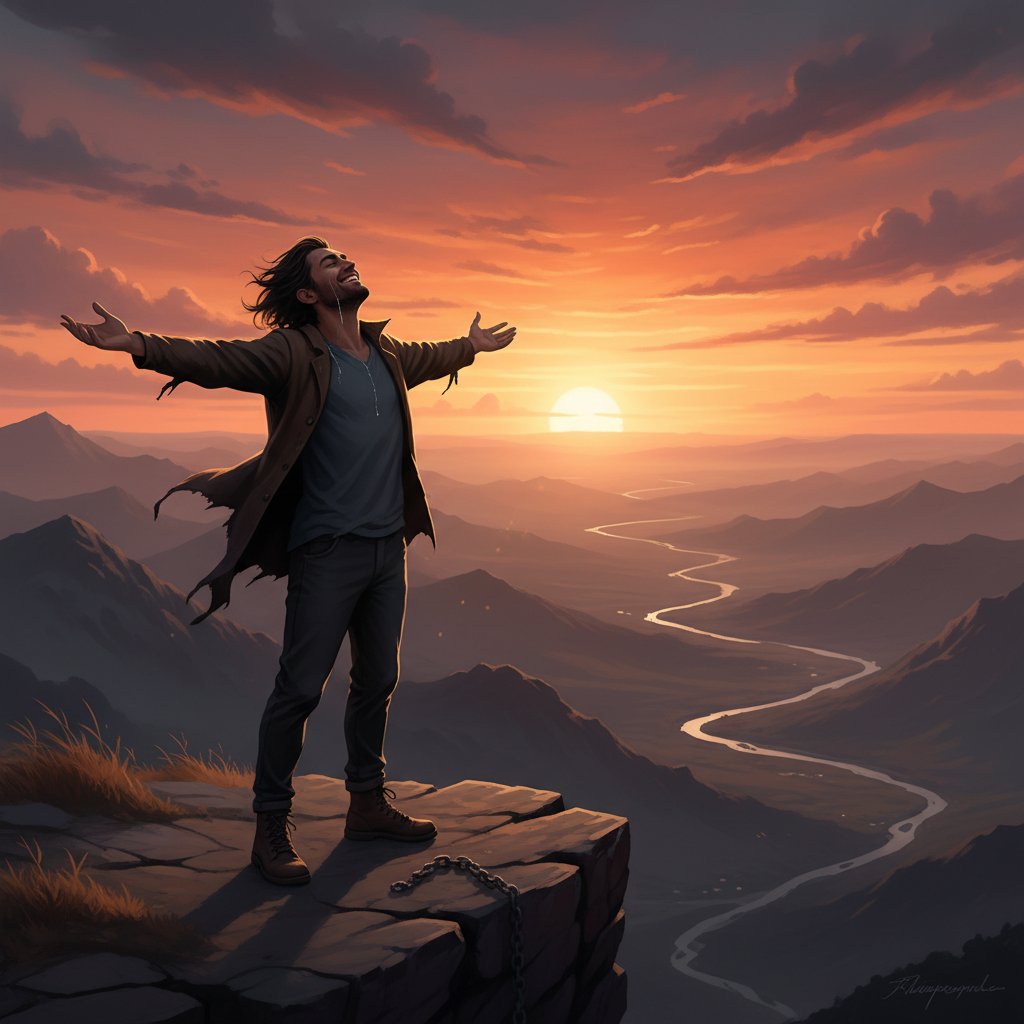 Osoba z szeroko otwartymi ramionami na tle zachodzącego słońca, wyraz ulgi i wolności – symbol zwycięstwa nad własnymi blokadami