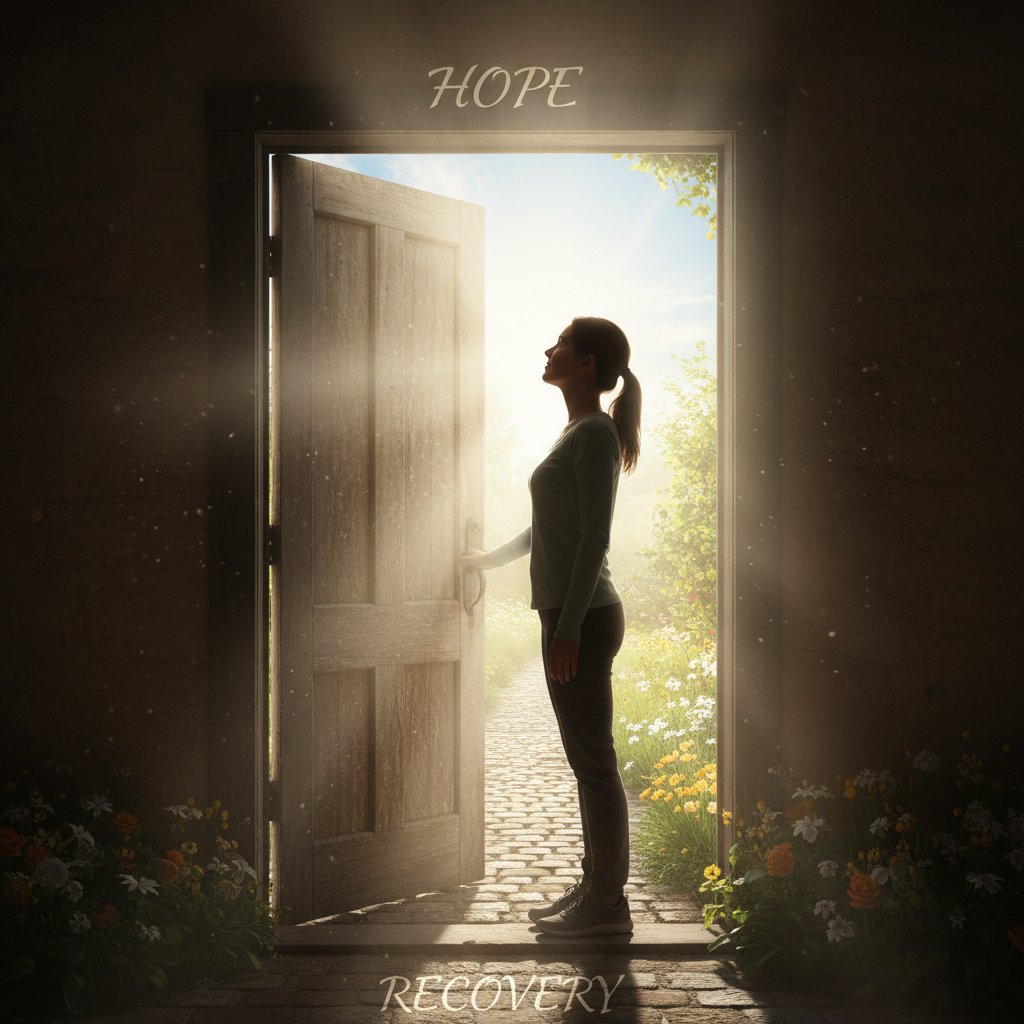 Osoba stojąca przed otwartymi drzwiami, światło jasne, symbol odzyskania kontroli nad klaustrofobią