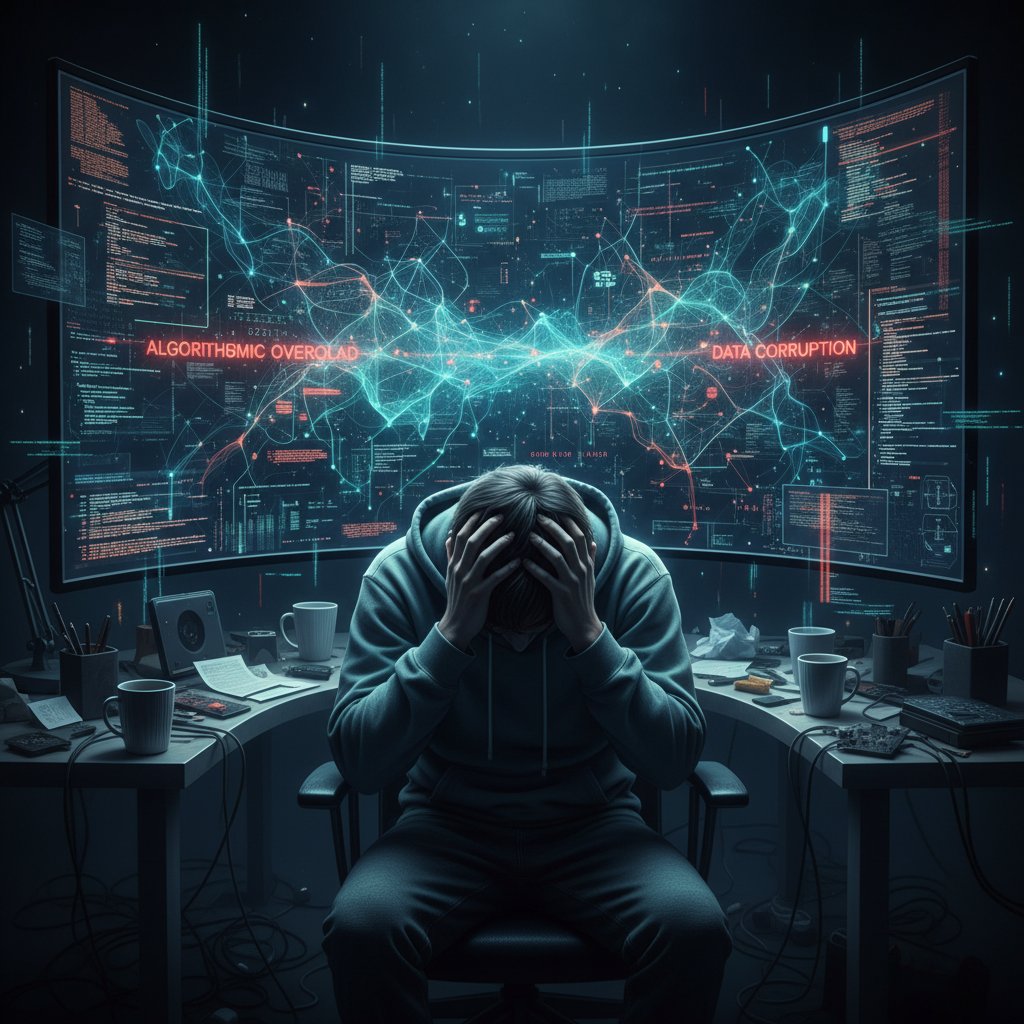 Zdjęcie osoby patrzącej bezradnie na ekran pełen algorytmów