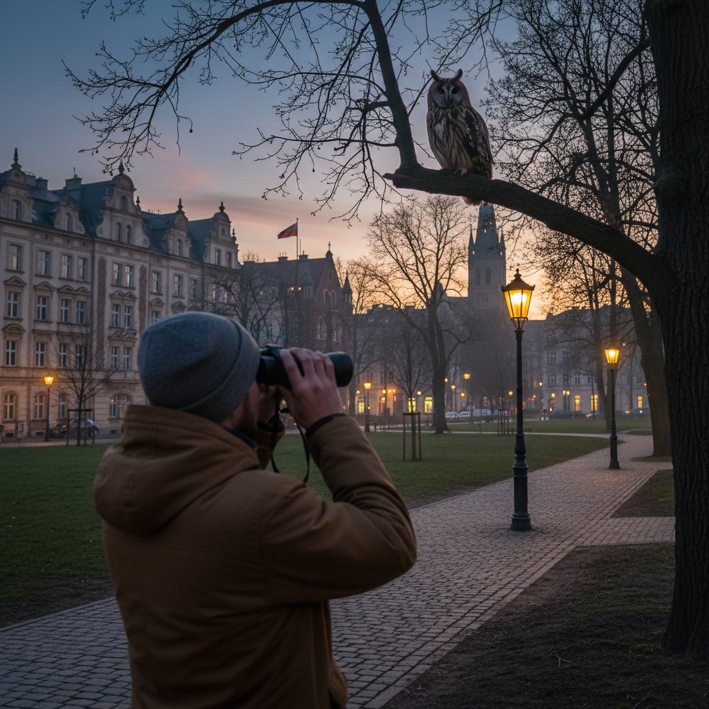 Osoba obserwująca sowę przez lornetkę w miejskim parku w Polsce, wieczór