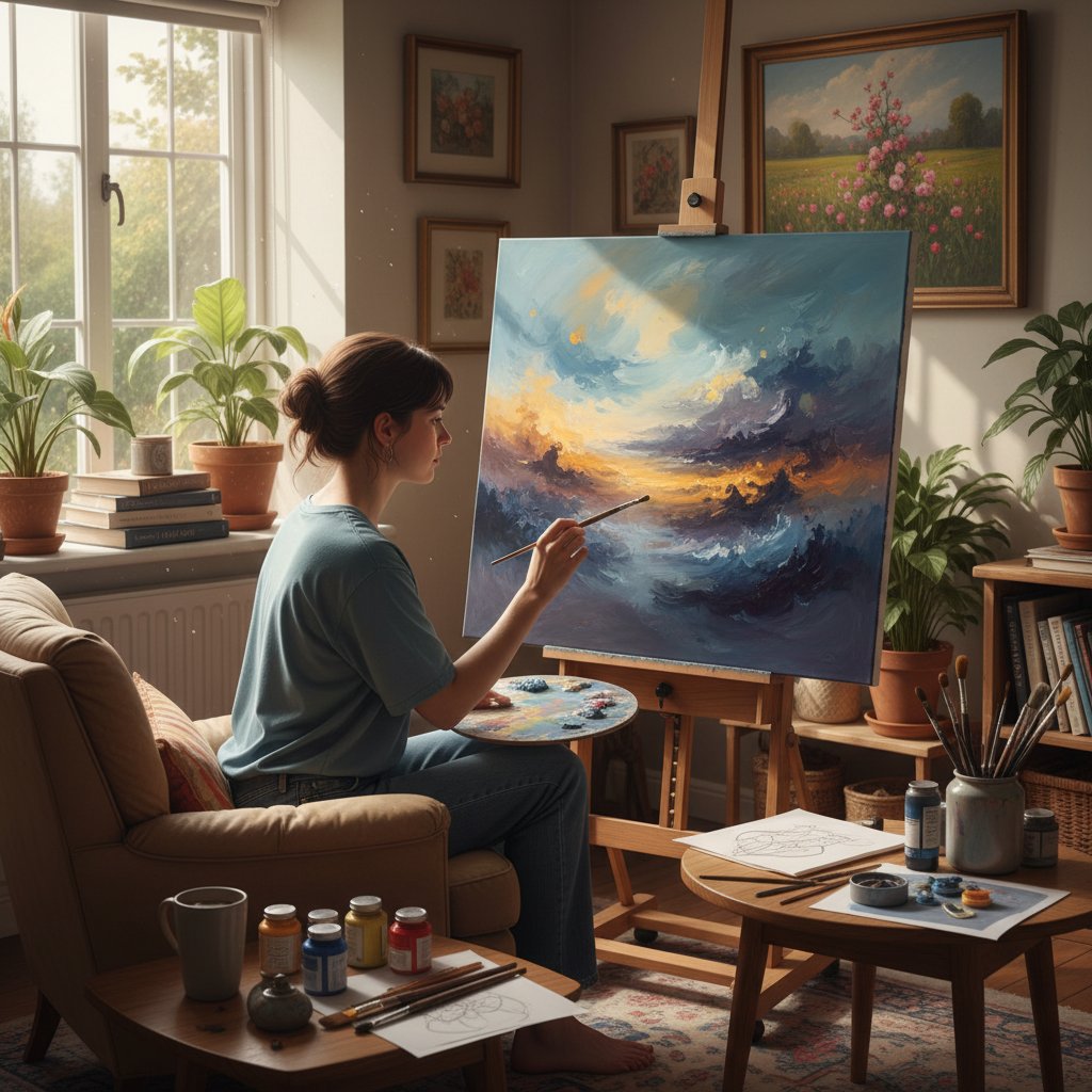 Osoba malująca obraz w domowym zaciszu, kreatywność, radzenie sobie ze smutkiem
