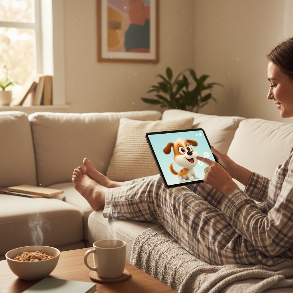 Osoba w piżamie, siedząca na kanapie z tabletem, karmiąca wirtualnego psa – poranny rytuał